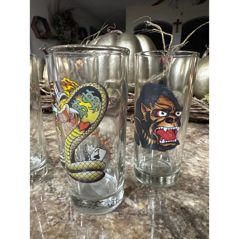 Ed Hardy Set of‎ 4 Tall Tumbler Glasses Tiger Snake Gorilla Eagle Tattoo Art vtg